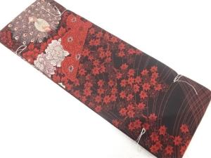 アンティーク　孔雀に牡丹・紅葉模様織り出し半幅帯（着用可）